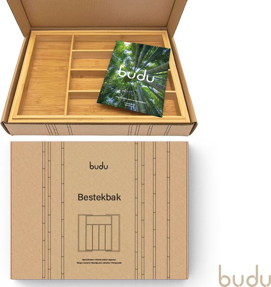 Budu Uitschuifbare Bamboe Bestekbak #38 (38 cm diep) - Bestekcassette Hout - Besteklade - 38 x 29,5 - 47,8 cm - 5/7 vakken - budu