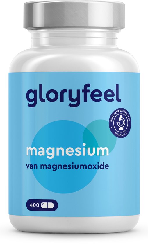 Foto: Gloryfeel magnesium 400 tabletten 760mg waarvan 400mg elementair magnesium per dagelijkse dosis ondersteunt spierfunctie energiemetabolisme 