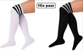 10x Paar Lange sokken zwart en wit met strepen - maat 36-41 - Lieskousen - kniekousen sportsokken cheerleader carnaval voetbal hockey unisex festival