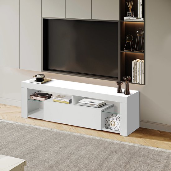 FOERPL TV-bank, laag, opbergkast, tv-kast met led, 108 x 29 x 57 cm, tv- tafel, commode met 3 laden, van stof, voor woonkamer, slaapkamer, hal