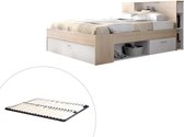 Bed met hoofdeinde met opbergruimte en lades - 140 x 190 cm - Kleur: naturel en wit + bedbodem - LEANDRE L 218.5 cm x H 95 cm x D 149.6 cm
