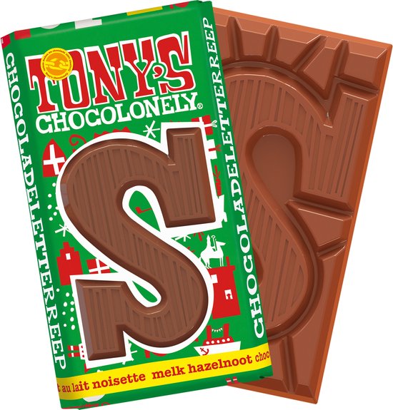 Foto: Tony s chocolonely chocolade letter s melk hazelnoot reep sinterklaas cadeau schoencadeautje sint fairtrade belgische chocolade 180 gram