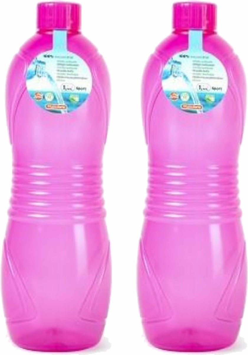Plasticforte Drinkfles/waterfles/bidon - 2x - 1000 ml - transparant/roze - kunststof