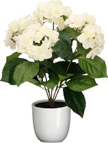 Hortensia kunstplant/kunstbloemen 40 cm - wit - in pot wit glans - Kunst kamerplant