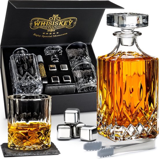 Whisiskey Whiskey Karaf - Klassiek - Whiskey Glazen - Luxe Whiskey Karaf Set - 0,7 L – Decanteer Set - Whisky Set - Incl. 2 Tumbler Glazen, 4 RVS Whiskey Stones - Peaky Blinders