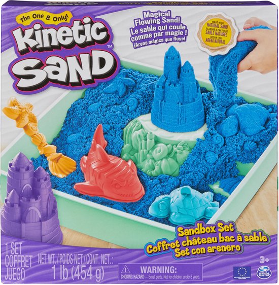 Kinetic Sand - Zandbak-set met 454 g blauw speelzand opbergzandbak 4 vormen en gereedschap - Sensorisch speelgoed - Kinetic Sand