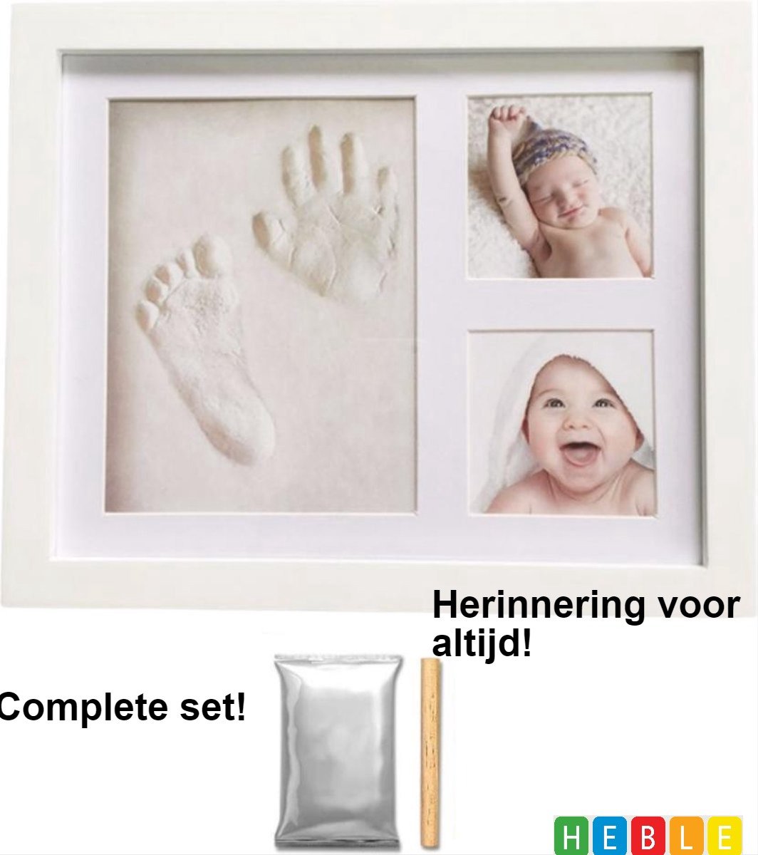 *** Baby Fotolijst - met Klei Afdruk Voet en Hand ( Gipsafdruk baby ) - Kraamcadeau Jongen / Kraamcadeau Meisje - Babyshower - Kraampakket / Geboorte Cadeau - Baby Artikelen - van Heble® ***