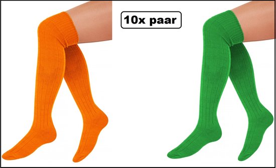 10x Paar Lange sokken oranje en groen gebreid mt.41-47 - Tiroler heren dames kniekousen kousen voetbalsokken festival Carnaval voetbal