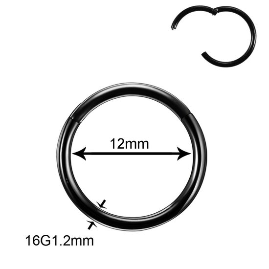 Zwarte ringpiercing met kliksluiting, diameter 12mm, dikte 1.2mm.
