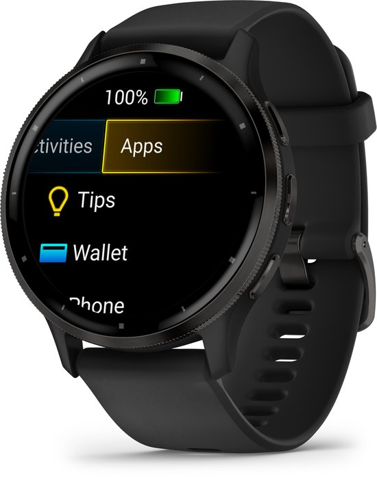 Zwarte smartwatch met een menu met activiteiten, apps, tips en portemonnee.