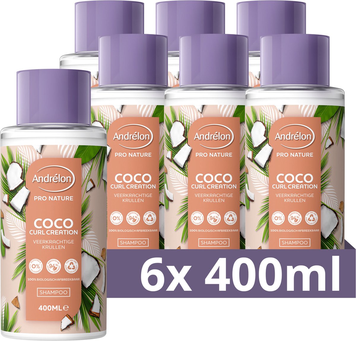 Andrélon Pro Nature Coco Curl Creation Shampoo - 6 x 400 ml - Voordeelverpakking - Andrélon