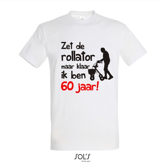 60 jaar verjaardag - T-shirt Zet de rollator maar klaar ik ben 60 jaar! - Maat L - Wit - 60 jaar verjaardag - verjaardag shirt