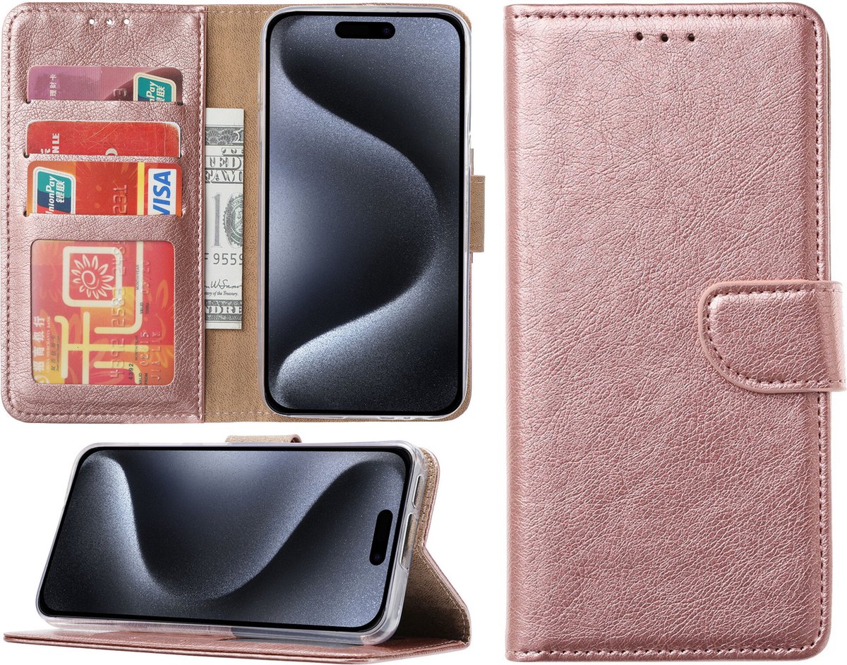 Hoesje Geschikt voor iPhone 15 Pro Max – portemonnee bookcase met pasjeshouder – Rosegoud