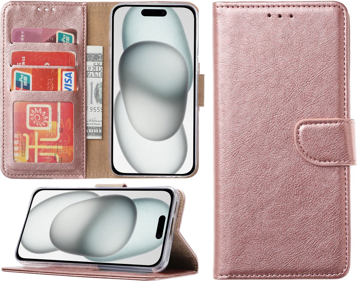Hoesje Geschikt voor iPhone 15 – portemonnee bookcase met pasjeshouder – Rosegoud