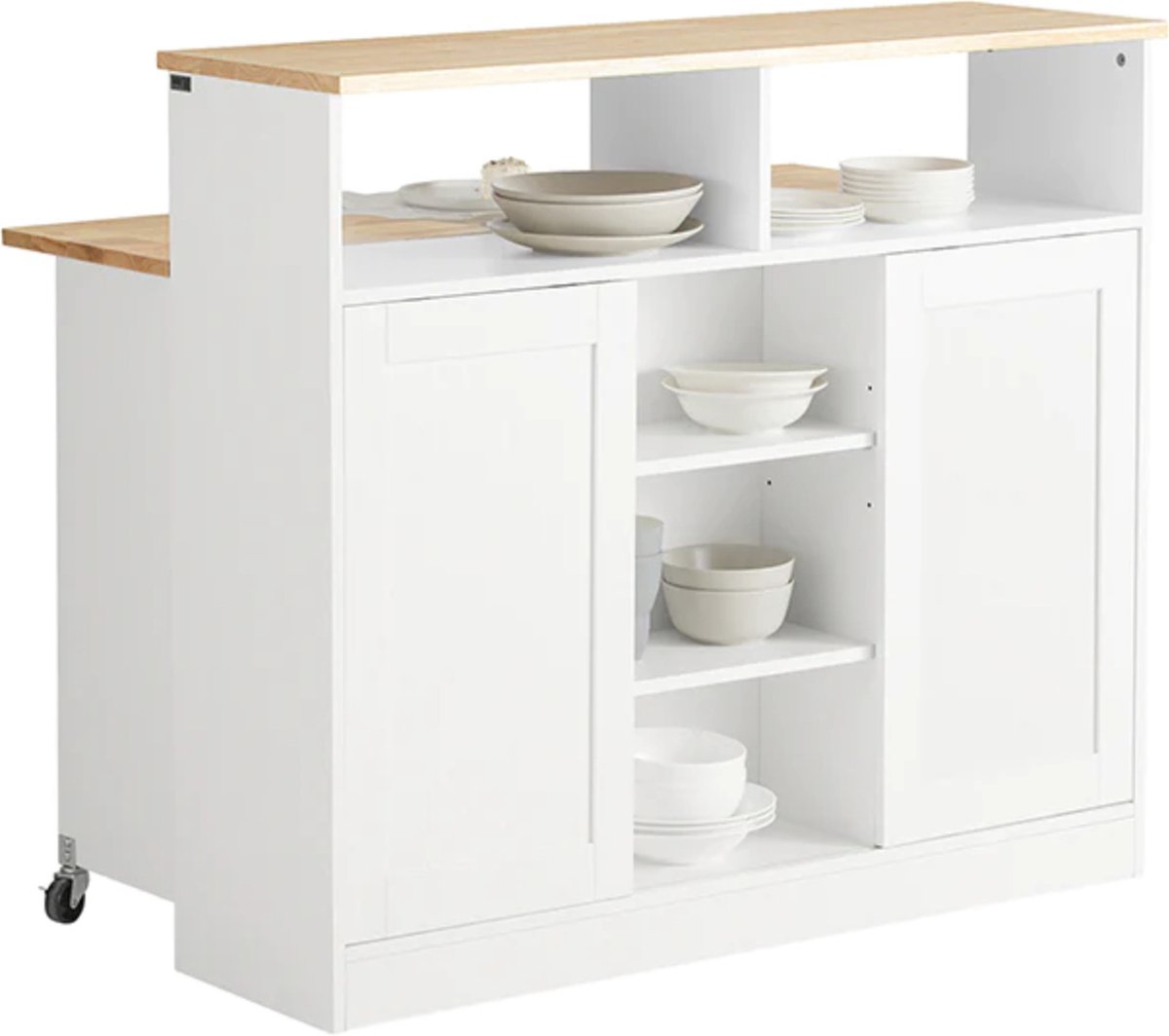 SoBuy Keukenkast - Keukeneiland - Inklapbare Tafelblad - Met Schuifdeuren - Dressoir - Wit