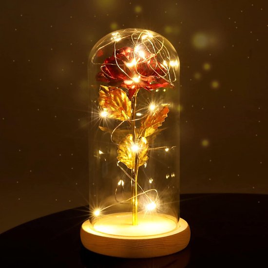 Common Goods - Gouden roos in glazen stolp met LED – Rozen - Vrouwen Cadeautjes - Moederdag Cadeautje - Mama - Huwelijkscadeau - Liefdes Cadeau - Valentijnsdag - Verjaardag - Vriendin