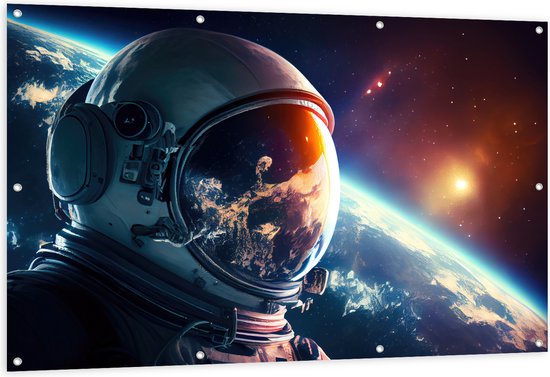 Tuinposter – Astronaut - Galaxy - Sterren - Aarde - 150x100 cm Foto op Tuinposter (wanddecoratie voor buiten en binnen)