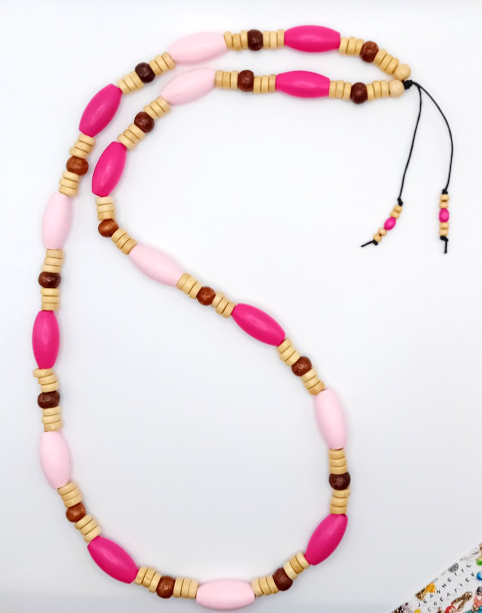 Jeannette-Creatief® - Hout - Grote Houten Kralenketting Fuchsia Roze Kaki - Houten Ketting - Gekleurde ketting - Bewerkte houten kralen - Ovale kralen - Dames Ketting - Statement Ketting - Kralen Ketting - Grote Houten Kralen - Ibiza Chic - Valentijn