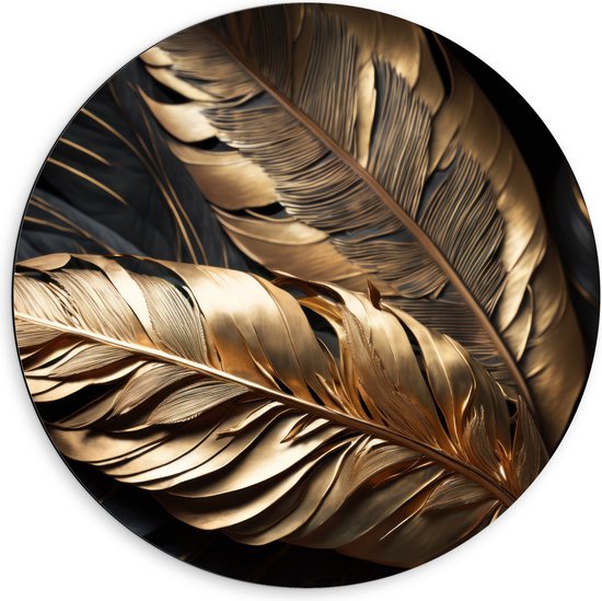 Dibond Muurcirkel - Zwarte en Gouden Palmbladeren - 60x60 cm Foto op Aluminium Muurcirkel (met ophangsysteem)