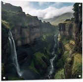 Tuinposter – Bergen - Waterval - Wolken - Kleuren - 80x80 cm Foto op Tuinposter (wanddecoratie voor buiten en binnen)