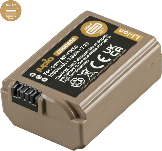 Jupio NP-FW50 Ultra C camera accu 1080mAh USB-C input hogere capaciteit zonder externe oplader