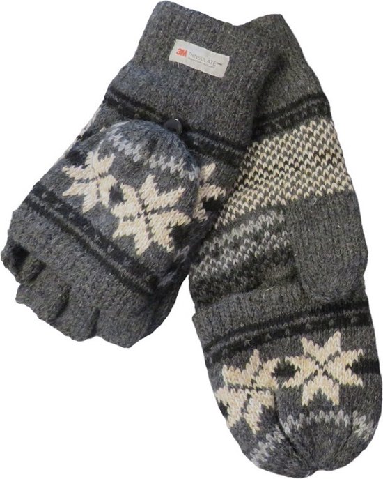 Thinsulate handschoen heren met halve vingers - 30% wol met knoop