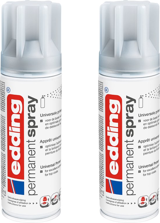 edding 5200 spuitverf in spuitbus universele primer – 2 stuks - 200 ml verf per spuitbus - 1 t/m 2 m2 oppervlak - gronden ter voorbereiding van lakbare oppervlakken zoals glas, metaal, hout, keramiek, canvas, karton, papier, riet