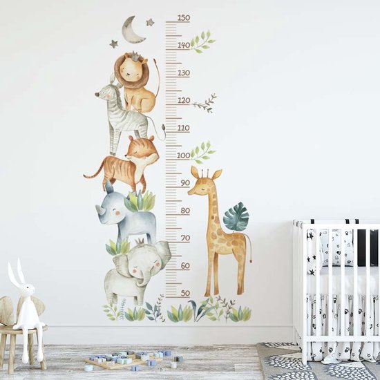 Groeimeter Kinderkamer - Babykamer - Muursticker - Wilde Dieren - Jungle - Giraffe - Olifant - Leeuw - Meetlat - PVC - 62x112cm - Muurdecoratie