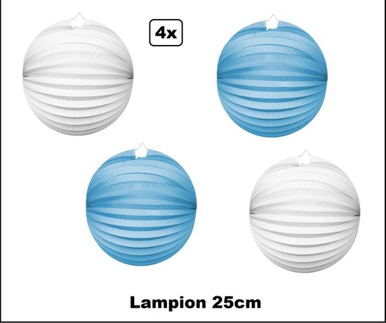4x Lampion Lichtblauw en wit 25cm - festival thema feest verjaardag party papier BBQ strand licht fun
