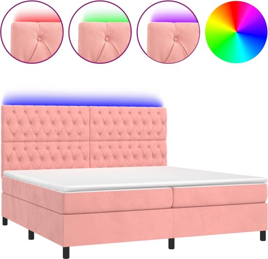 vidaXL - Boxspring - met - matras - en - LED - fluweel - roze - 200x200 - cm