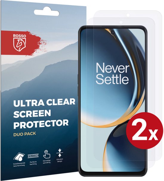 Duo pack ultradunne screenprotectors voor OnePlus Nord CE 3 Lite met "Never Settle" tekst en icoontjes.