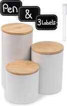 Witte Keramische Voorraadpotten met Deksel - Set van 3 - Luchtdicht - incl. Etiket & Pen voor Etikettering - vaatwasmachinebestendig