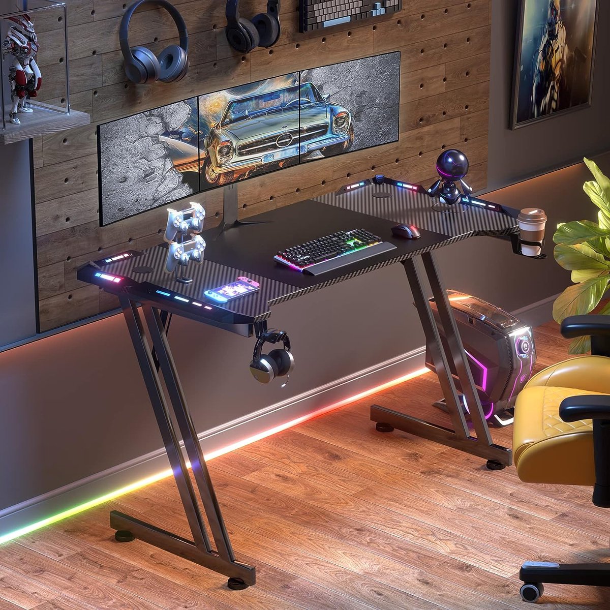 Hlonone Bureau de jeu 160 x 60 cm avec LED, table de jeu pour PC avec  surface en fibre de carbone, stable pour jeux et bureau à domicile, avec  crochet pour casque