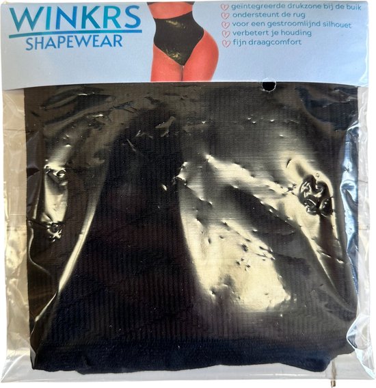 Verpakking met zwarte Winkrs shapewear string. Met tekst: "geïntegreerde drukzône bij de buik, ondersteunt de rug, voor een gestroomlijnd silhouet, verbetert je houding, fijn draagcomfort".