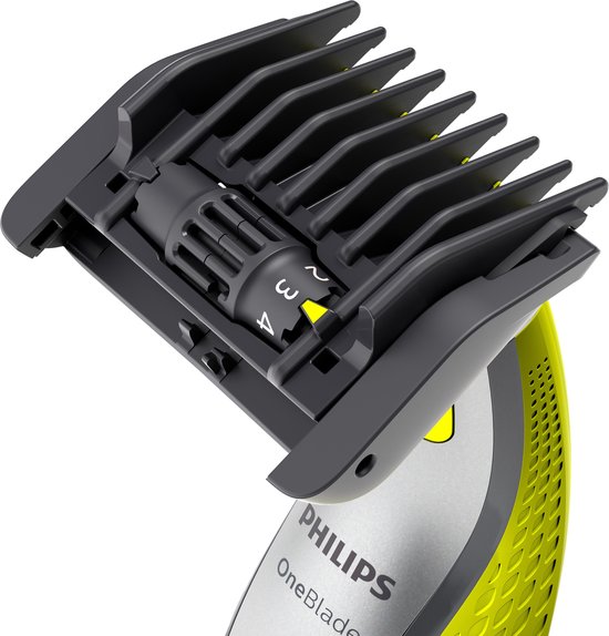 Close-up van de gele en zwarte opzetkam met instellingen 1-4 op een Philips OneBlade trimmer.