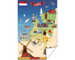 Kaart van Nederland met bezienswaardigheden 40x60 cm - Foto print op Poster (wanddecoratie woonkamer / slaapkamer)