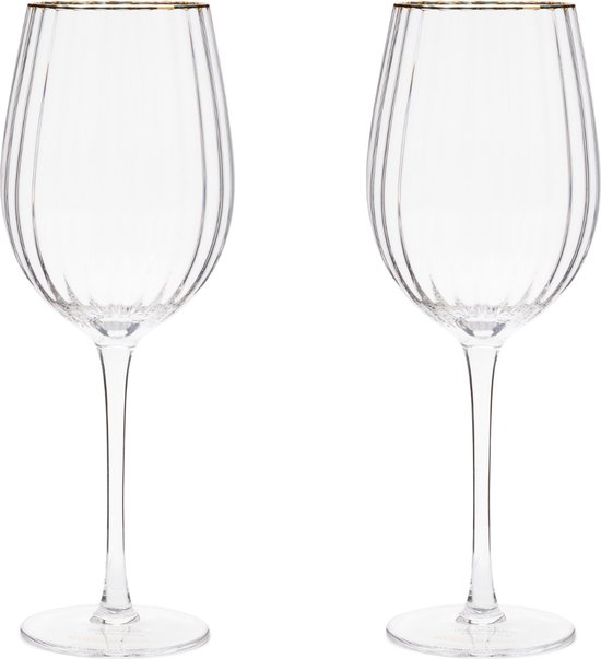 Riviera Maison Wijnglas, glas met ribbel, Gouden rand - Les Saisies Wine Glass 555 ml - Transparant - set van 2 stuks cadeau geven