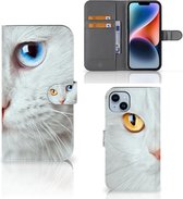 GSM Hoesje Geschikt voor iPhone 15 Plus Bookcover Case Witte Kat