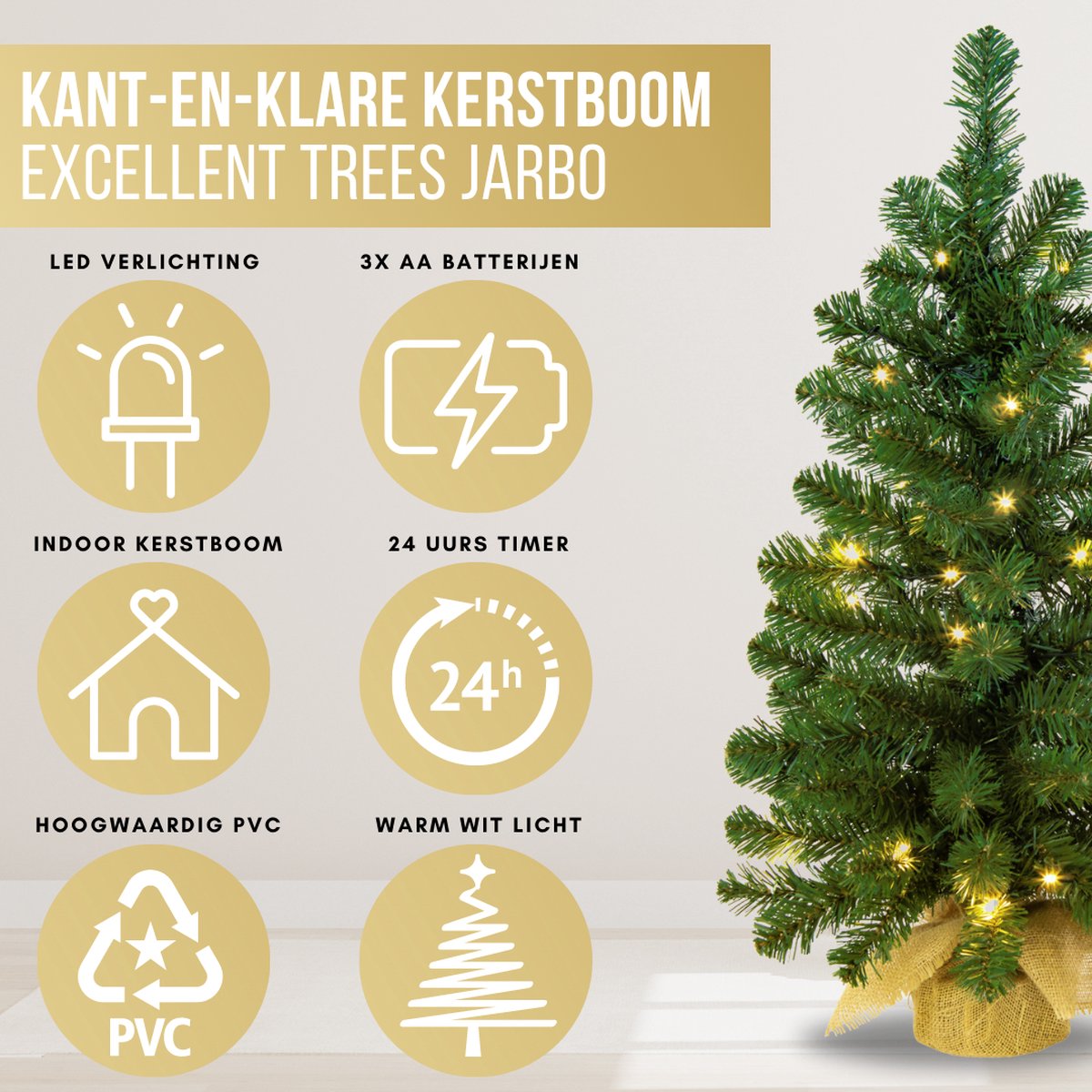 Excellent Trees® Jarbo 90 cm Mini Kerstboom - Batterij Verlichting 80 LED Lampjes - kant en klaar – foto 8