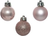 Decoris Kerstballen - 14ST - mini - lichtroze - kunststof - 3cm - glans/mat/glitter