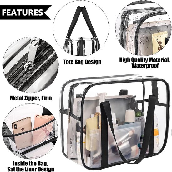 Sac Transparent Jortmrd 30x30x15cm - Approuvé Stade - Trousse Toilette Voyage PVC - Bandoulière Réglable
