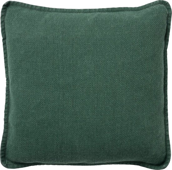 Coussin décoratif vert foncé avec une structure de tissage visible et un bord passepoilé.