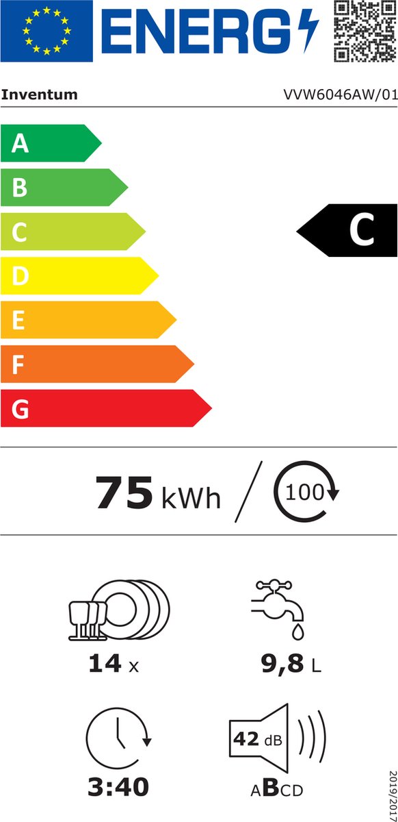 Inventum VVW6046AW energiezuinige vaatwasser - 14 couverts - Besteklade-Bestekmand - Stil: 42 dB - 7 programma’s - Deur opent automatisch - Startuitstel - Energielabel C - Vrijstaand - Wit — afbeelding 2