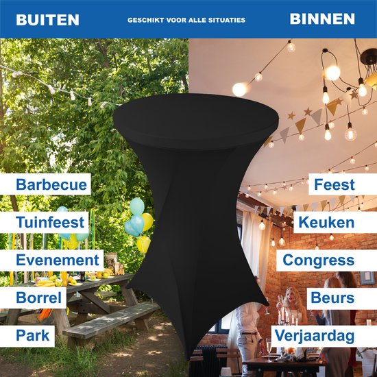 Zwarte statafelrok in gebruik bij een feest binnen en een tuinfeest buiten.