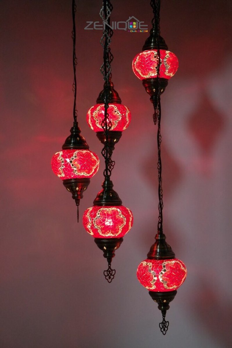 Turkse Lamp - Hanglamp - Mozaïek Lamp - Marokkaanse Lamp - Oosters Lamp - ZENIQUE - Authentiek - Handgemaakt - Kroonluchter - Rood - 5 bollen