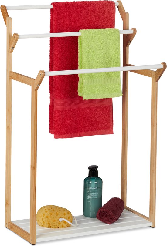 Relaxdays handdoekenrek, staand, handdoekhouder met 2 stangen, voor badhanddoeken, staal en mdf, badkamer, zwart/bruin
