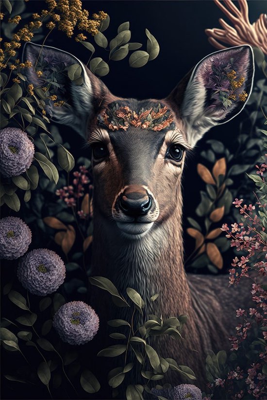 Hert met bloemen - plexiglas schilderij - 50 x 70 cm