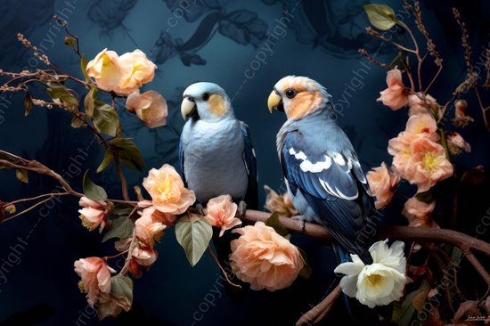JJ-Art (Glas) 120x80 | Dwerg papegaaien op tak met bloemen, kleurrijk, kunst | dier, vogel, bruin, zalm, oranje, blauw, groen, zwart, modern | Foto-schilderij-glasschilderij-acrylglas-acrylaat-wanddecoratie