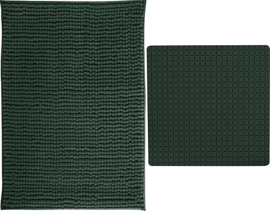 MSV Douche anti-slip mat en droogloop mat - Sevilla badkamer set - rubber/microvezel - donkergroen