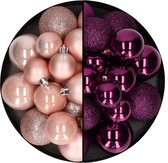 Kerstballen 60x stuks - mix lichtroze/paars - 4-5-6 cm - kunststof - kerstversiering
